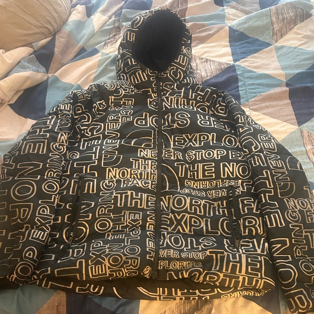 The North Face Kids Black and White Reversible Graphic Puffer Jacket